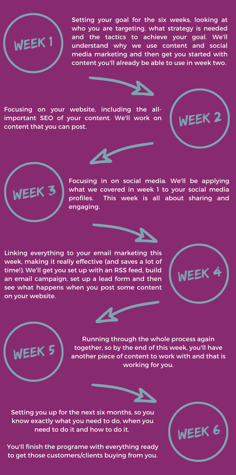 Week one: Set your goal for the six weeks, look at who you are targeting, what strategy is needed and the tactics to achieve your goal. We'll understand why we use content and social media marketing and then get you started with content you'll already be able to use in week two.  Week two: this week, we will focus on your website, including the all-important SEO of your content and we'll work on content that you can post. Week three: now the focus is on social media. We'll remind ourselves of the theory from week one and then start to apply it to your social media profiles.  This week is all about sharing and engaging. Week four: we'll link everything we have done with email marketing, which makes your marketing much more effective (and efficient!). We'll get you set up with an RSS feed, build an email campaign, set up a lead form and then look at the results to understand what happens when you post some content on your website. Week five: this week, we will run through the whole process again together, so by the end of the two-hours, you'll have another piece of content to work with and that is working for you. Week six: we'll work together to set you up for the next six months, so you know exactly what you need to do, when you need to do it and how to do it. You'll finish this session with everything ready to market and get those clients contacting you.
