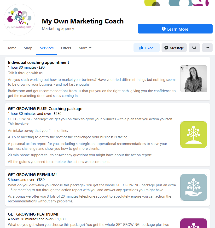 Services on Facebook page - My Own Marketing Coach